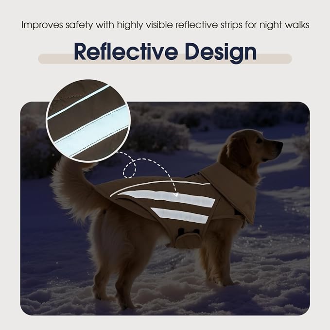 IECOii 4XL Dog Jacket Waterproof Winter - Warm Fleece Lining Jackets for Dogs, Reflective & Adjustable Snow Coat, Mashine Washable, Khaki, Sizes XXXXL
