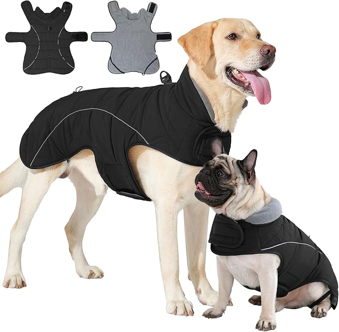 HEYWEAN Dog Winter Coat - Waterproof Windproof Reflective Vest for Medium & Large Breeds Adjustable Warm FleeceLined Jacket with Magic Tape & D-Ring for Leash Cold Weather Apparel (Black, X-Large)