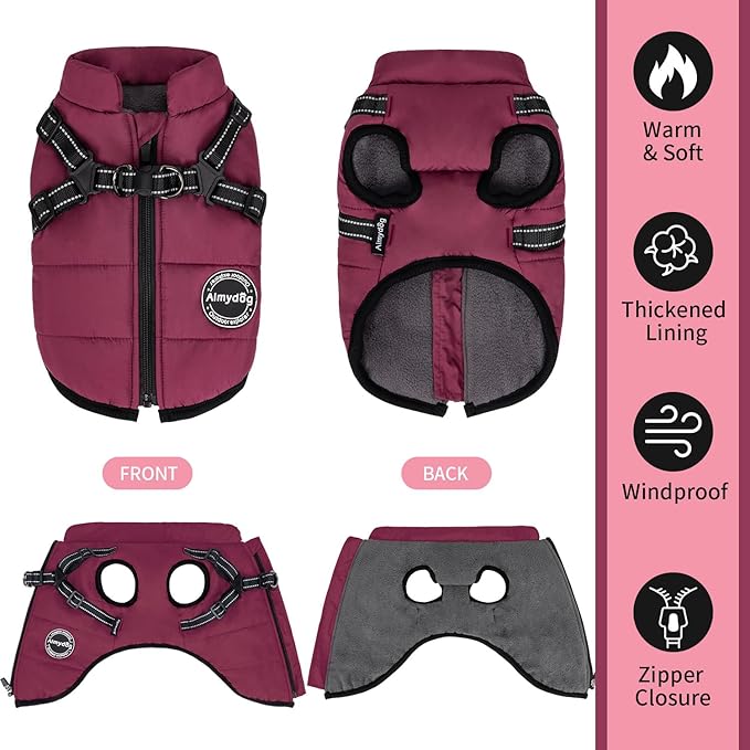 Warm Winter Coat, Fashion Sports Dog Jacket with Built-in Harness, Reflective & Adjustable Comfortable Pet Vest, Waterproof Windproof Apparel for Small Dogs (Purple)