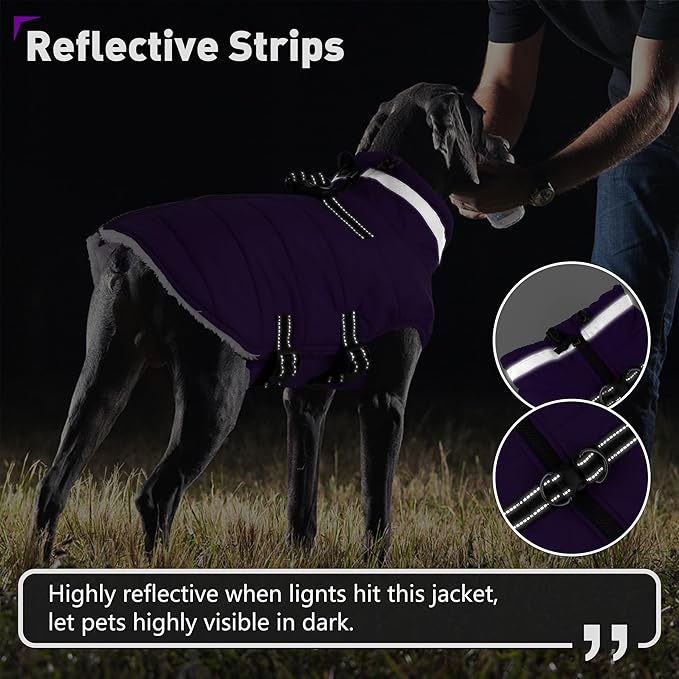 Dogcheer Dog Coat with Harness, Waterproof Dog Jacket Adjustable Pet Winter Coat with Zipper, Christmas Puppy Snow Jacket Fleece Sweater for Small Medium Large Dogs - Purple S