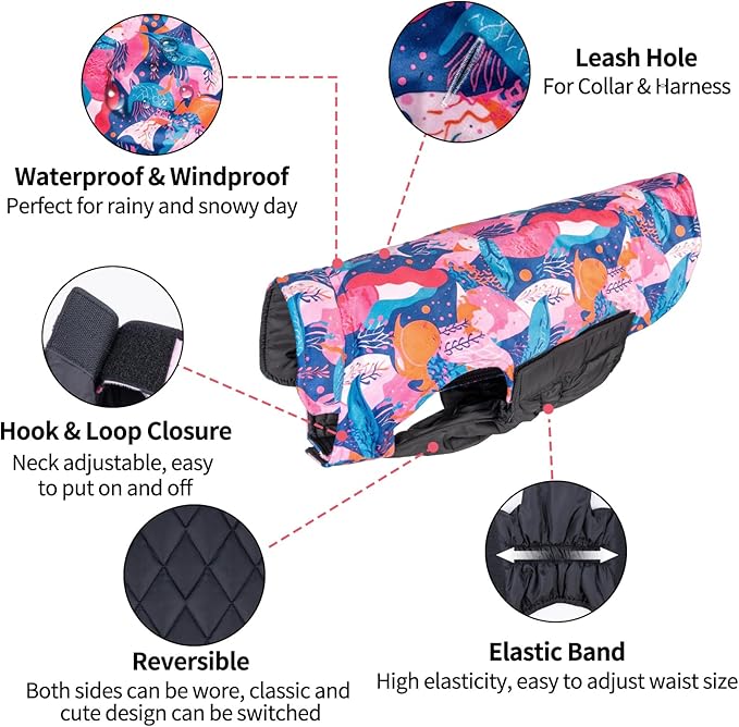 CuteBone Winter Dog Coat - Waterproof Windproof Reversible Vest, Thick Adjustable Cold Weather Jacket for Small Medium Large Dogs, Soft With Leash Hole