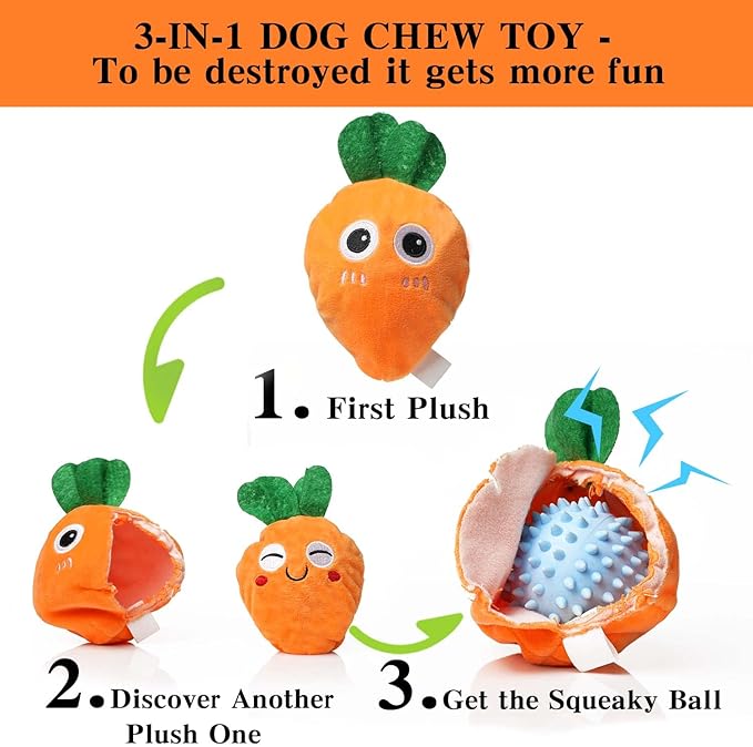 MewaJump Squeaky Easter Dog Toys with Ball, 3-in-1 Plush Cute Dog Toy, Dog Chew Toy with 3 Layers, Dogs Puzzle Pet Toy for Teeth Cleaning, Puppy Enrichment Toys for Small and Medium Breed