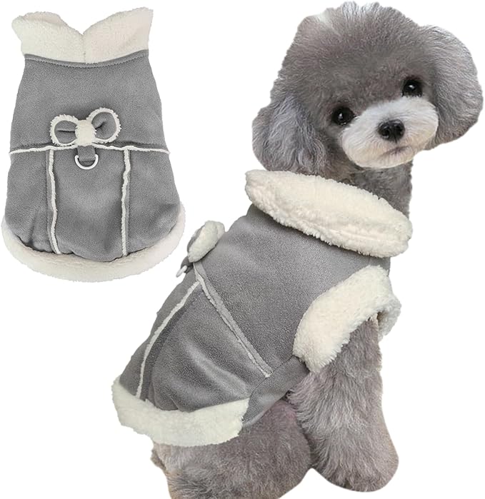 Jecikelon Bowtie Dog Cold Weather Coat Fleece Lining Warm Pet Puppy Turtleneck Dogs Winter Clothes for Small Dogs with D-Ring (Gray, Medium)