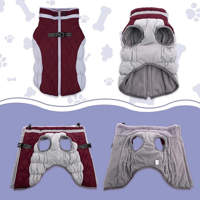 Lelepet Dog Coat Warm Dog Winter Coat Waterproof Dogs Jacket with Harness Built in Reflective Pet Fleece Vest Zip-Up Cold Weather Coats for Large Dogs Turtleneck & Windproof Boston Terrier Wine Red L