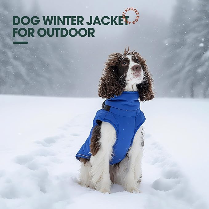Kuoser Large Dog Winter Jacket Waterproof L with Harness | ·-30°C Rated·Storm Hood·Built-in Leash·Husky Fit·Extreme Weather Protection, Blue L