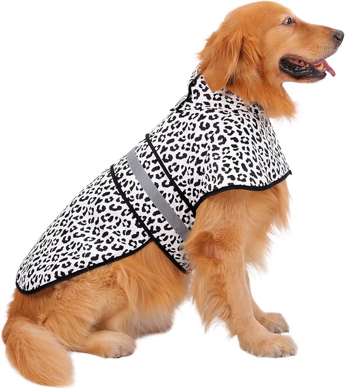 HDE Dog Raincoat Jacket Reflective Adjustable Hooded Pet Poncho Rain Coat with Leash Hole for Small to X-Large Dogs Snow Leopard - L