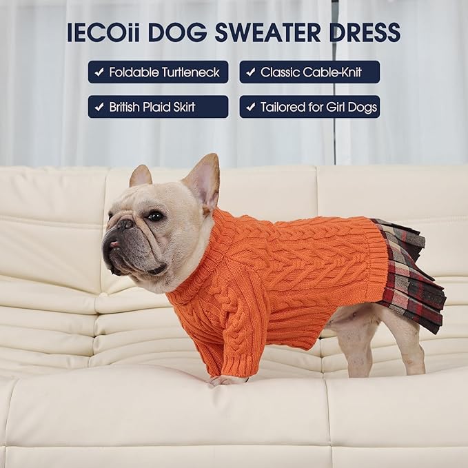 IECOii Girl Dog Sweater Dress - Cable Knit Dog Sweater for Small Dogs Girl - Orange, Medium, Turtleneck Pullover Sweaters with Tartan Plaid Skirt, Adorable Warm Dog Knitted Dress for Christmas