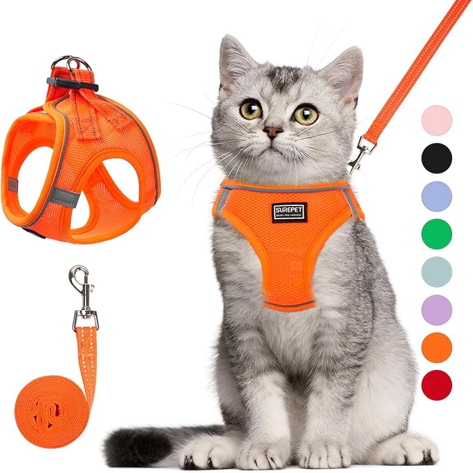 Cat Harness and Leash Set, Soft and Breathable Vest with Reflective Strip, Escape Proof Kitten Harness, Easy to Wear for Cats Walking and Traveling (Orange, M)
