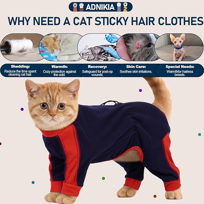 Cat Pajamas for Cats Only, Sticky Hair Cat Clothes, Long Sleeve Sphynx Clothes, Anti-Licking or Skin Disease Recovery Suit for Female Cats, Kitten Onesie Pajamas, DarkBlue, XS