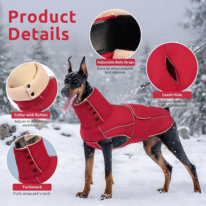 ASENKU Warm Dog Coat, Waterproof Dog Jackets for Medium Dogs with Reflective Fleece Vest Turtleneck with Button, Windproof Cold Weather Coats for Small Medium Large Dogs, Dark Red, M