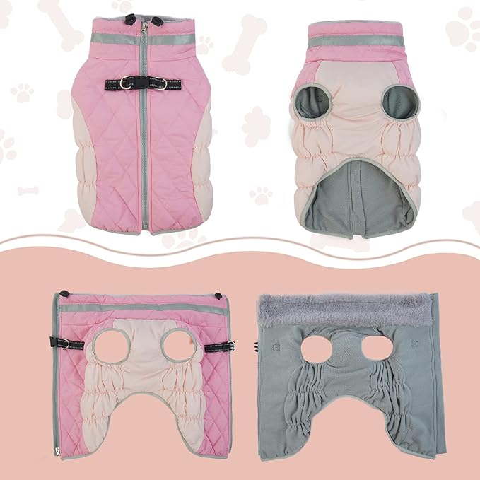 Lelepet Dog Coat Warm Dog Winter Coat Waterproof Dogs Jacket with Harness Built in Reflective Pet Fleece Vest Zip-Up Cold Weather Coats for Large Dogs Turtleneck & Windproof Coats Pitbull Pink 2XL