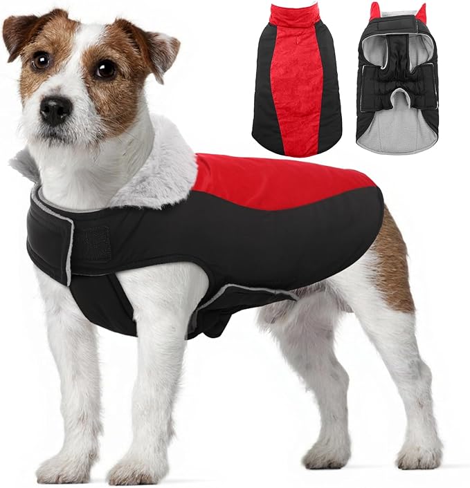 Warm Dog Coat,Waterproof Jacket in Winter Adjustable and Reversible Doggy Fleece Outfit,Thick Clothes with Foldable Collar for Puppy in Cold Days,M Red