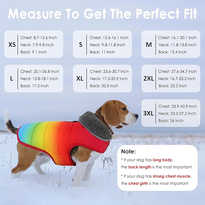 Dog Winter Coat, Waterproof Dog Jacket with Leash Hole, Reflective Adjustable Pet Snow Vest, Warm Fleece Sweater for Small Medium Large Dogs - Rainbow, 2XL