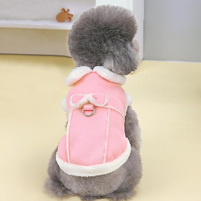 Jecikelon Bowtie Dog Cold Weather Coat Fleece Lining Warm Pet Puppy Turtleneck Dogs Winter Coats for Small Dogs Jacket with D-Ring Leash (X-Small, Pink)