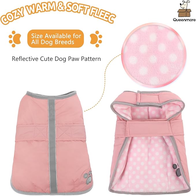 Queenmore Dog Winter Coat, Fleece Puffer Dog Down Vest, Cold Weather Pet Jacket for Dogs, Waterproof Reflective Reversible Dog Sweater Clothes for Small, Medium and Large Dogs (Light Pink, XS)