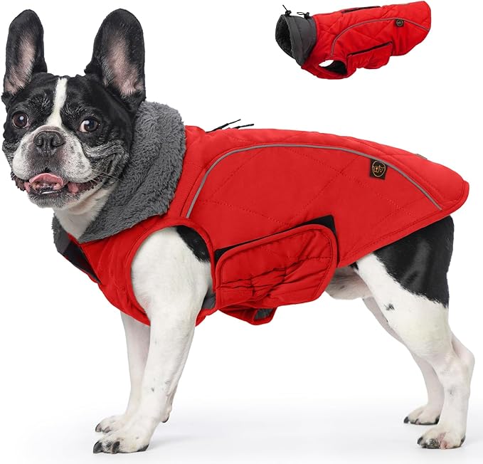 EMUST Winter Dog Coats, Fleece Dog Apparel for Cold Weather, British Style Windproof Warm, Red, XS