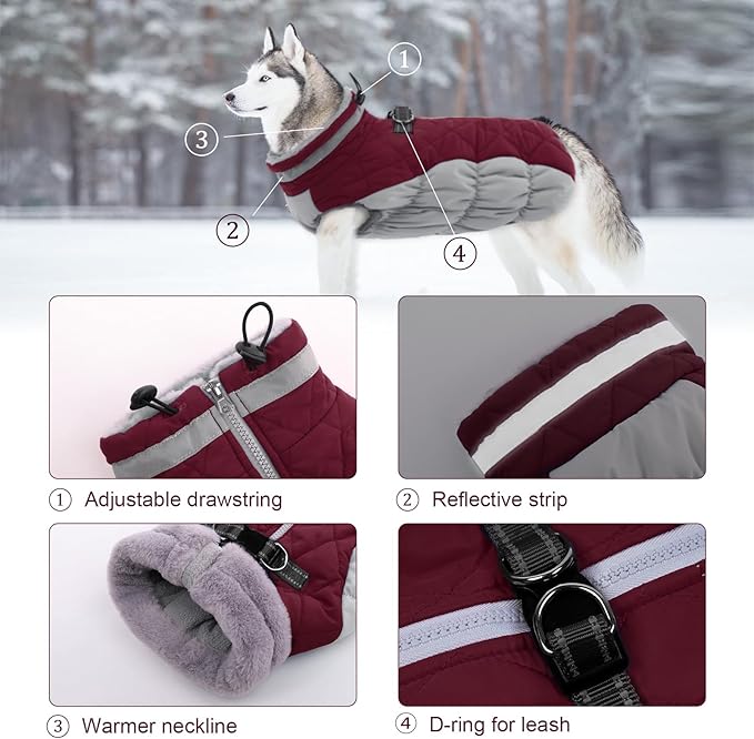 Lelepet Dog Coat Warm Dog Winter Coat Waterproof Dogs Jacket with Harness Built in Reflective Pet Fleece Vest Zip-Up Cold Weather Coats for Large Dogs Turtleneck & Windproof Boston Terrier Wine Red L