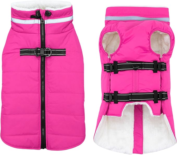 Large Dog Coat with Harness Built-in, Waterproof Reflective Fleece Lined - Warm Windproof Winter Jacket with Back Zipper, Cold Weather Snow Dog Coats - Pink - 2XL