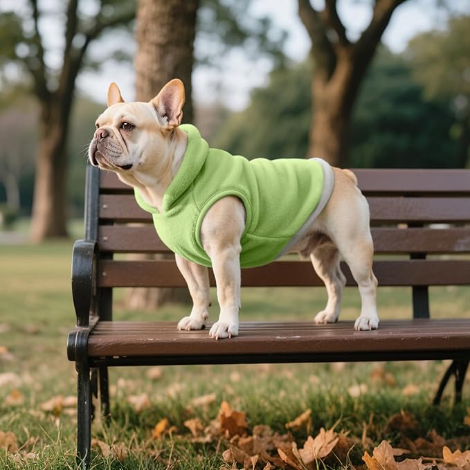 Idepet 2 Pack Dog Fleece Vest Sweater Warm Pullover Jacket with D-Ring Leash Reflective Winter Coat Hoodie for French Bulldog Pug Chihuahuas Yorkies Dachshunds(Dark Green&Grass Green,Small)