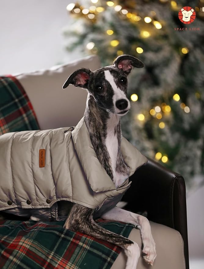 SPACE LION Dog Puffer Jacket, Down Winter Coat, Durable Outdoor Coat for Cold and Windy Conditions, Waterproof, Lightweight Jacket, Adjustable Fit for Small, Medium, Large Dogs(Camel,28/4XL)