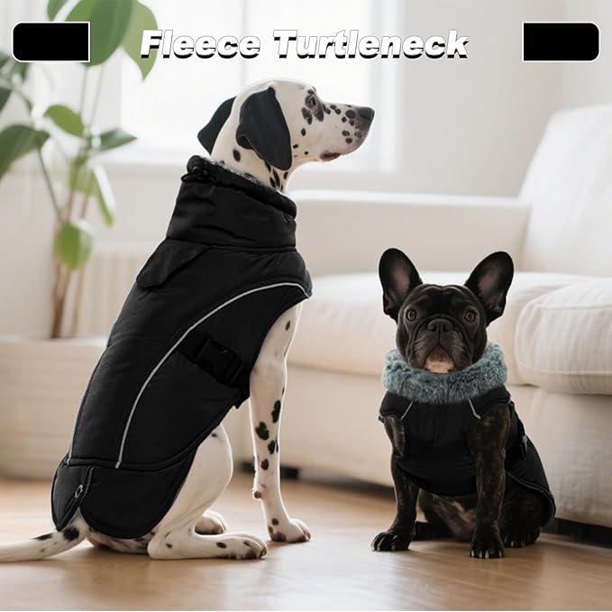 DENTRUN Extra Large Warm Dog Jacket - Windproof Water Repellent Reflective Coat, Adjustable Plush Turtleneck, Easy Wear Fleece Lined Cold Weather Vest for Great Dane, Black, XXXL
