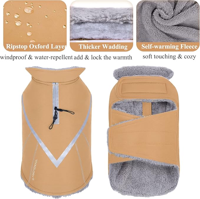 VIVAGLORY Snowrap Dog Coat, Jacket with Harness Hole & Velcro Closure, Dog Coat for Winter & Cold Weather, Fluffy Warm Fleece Lined Reflective Water Resistant for Puppy, S, Khaki