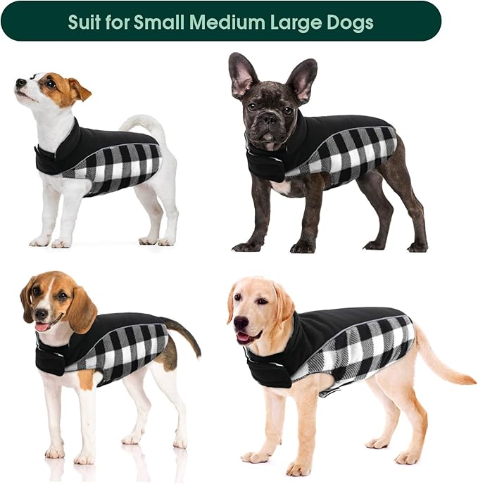 Kuoser Dog Winter Coat, Reversible Waterproof Dog Jacket with Reflective Strip, Warm Dogs Fleece Vest Adjustable Doggy Cold Weather Clothes Plaid Christmas Outfit Pet Apparel for Large Dogs, Black XL