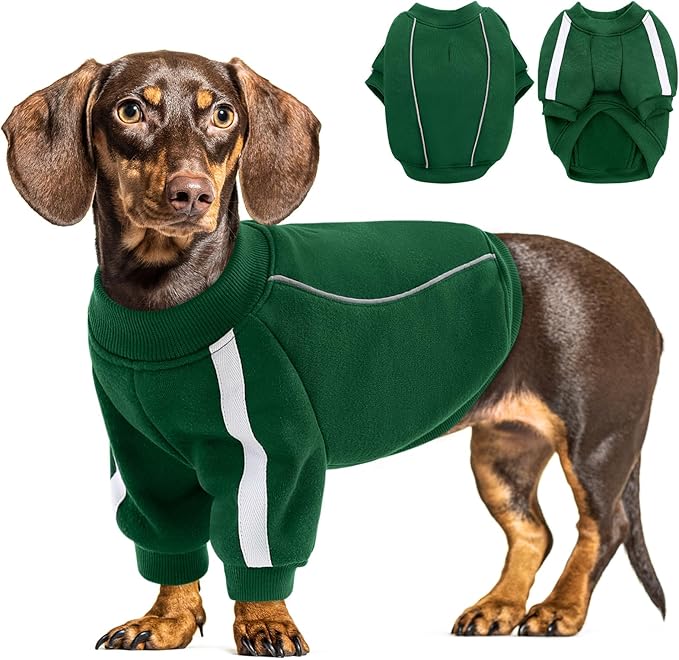 Queenmore XS Christmas Dog Sweater, Cozy Fleece Dog Sweatshirt, Warm Winter Fleece Jacket for Small, Medium & Large Dogs with Leash Hole/Reflective Stripes Green