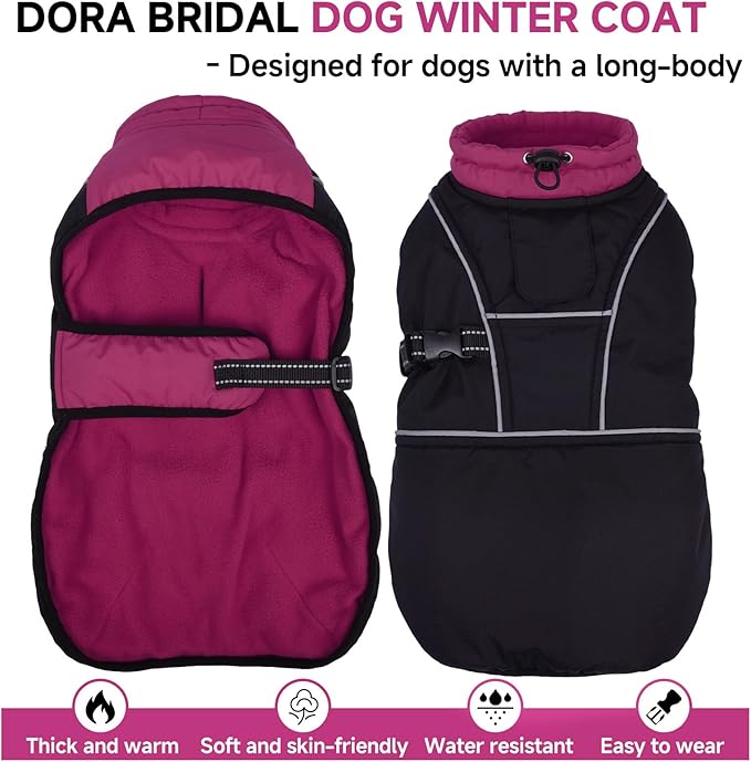 DORA BRIDAL Dachshund Coat, Fleece Lined Dog Winter Coat, Warm Dog Coats with Reflective Strips, Adjustable Waterproof Pet Jacket Clothes, L