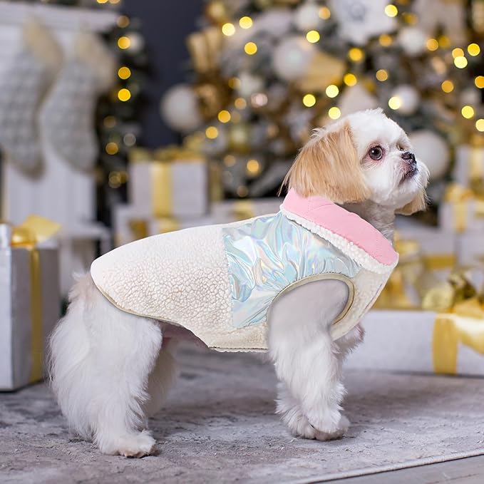 EMUST Warm Dog Jacket, Cozy Dog Fleece Coat with Leash Hole, Waterproof Reversible Winter Sweater Coats for Small Dogs, Cream, XS