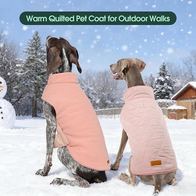 Kuoser Reversible Dog Coat – Warm Fleece & Quilted Waterproof Dog Jacket, Double-Sided Cold Weather Dogs Winter Coat with Harness Hole, Windproof Pet Snow Vest for Small Medium Large Dogs, Pink 3XL