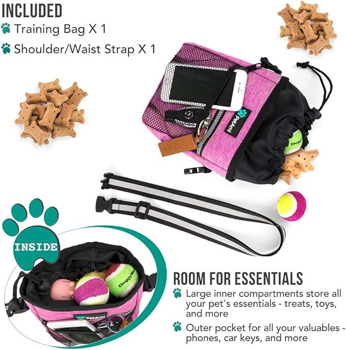PetAmi Dog Treat Pouch, Pet Treat Pouch for Training, Dog Walking Bag Holder for Kibbles, Pet Food Toy, Dog Trainer Essentials Supplies, Poop Bag Dispenser, 3 Ways to Wear (Pink)