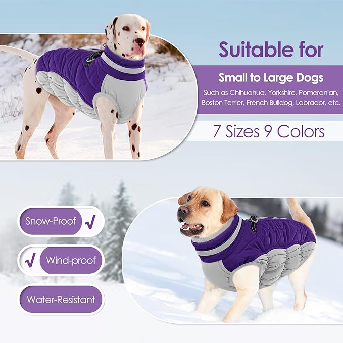 AOFITEE Dog Coat, Warm Dog Winter Coat for Small Dogs, Reflective Turtleneck Dogs Jacket with Harness Built in, Waterproof Windproof Pet Fleece Vest Snow Jacket for Cold Weather, Purple S