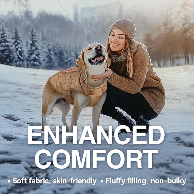 VIVAGLORY Softjoy Dog Coat, Dog Jacket for Winter & Christmas, Coat with Harness Hole & Velcro Closure, Reversible Plaid Checkered Warm Fluffy Heavy Duty for Puppy, S, Khaki