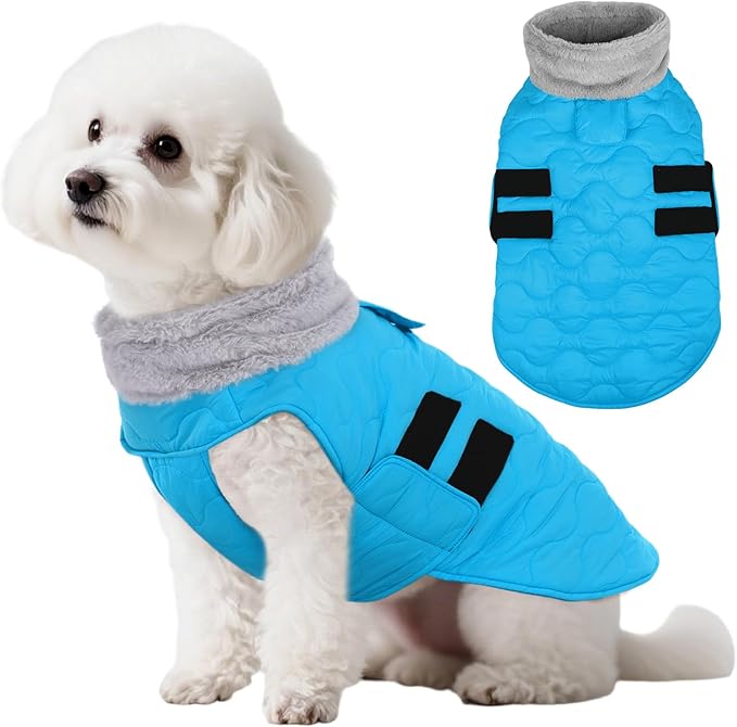 Kuoser Dog Jackets for Small Dogs, Warm Dog Coat with Leash Hole, Winter Jacket Pet Clothes for Cold Weather, Waterproof Doggie Winter Vest for Pug Dachshund, Blue S