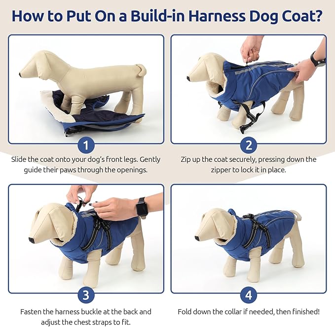 Dog Winter Coat with Harness Built in Warm Puffer Dog Jackets for Small Medium Large Dogs Windproof Waterproof Outfit with Plush Lining and Reflective Stripes (Blue, XS)