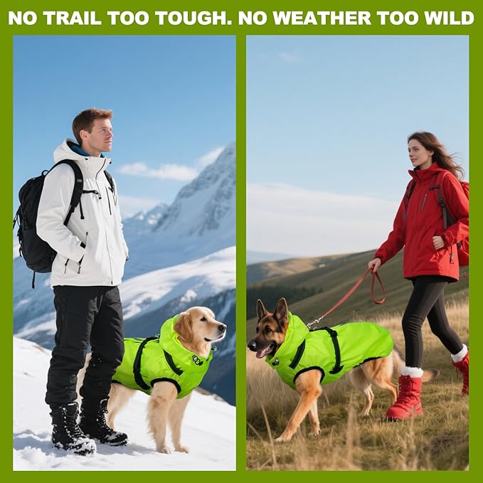Dog Raincoat XL, Waterproof Rain Jacket for Dogs with Adjustable Built-in Harness & Back Zipper, Reflective Strip, Removable Hood, for Rainy Walks, Muddy Roads - Fluorescent Green