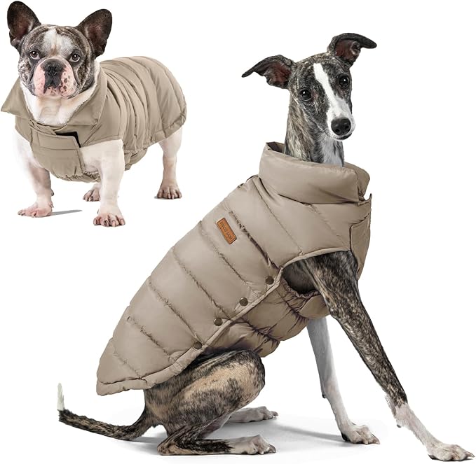 SPACE LION Dog Puffer Jacket, Down Winter Coat, Durable Outdoor Coat for Cold and Windy Conditions, Waterproof, Lightweight Jacket, Adjustable Fit for Small, Medium, Large Dogs(Khaki,12/M)