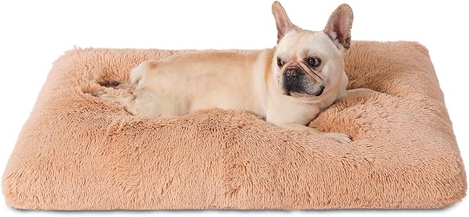 Bedfolks Plush Waterproof Dog Crate Bed, Removable Washable Cover, Faux Fur Pad for Medium Dogs, 29"x21", Camel