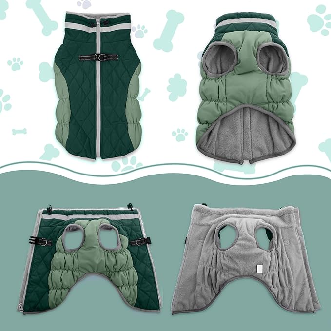 Lelepet Warm Dog Winter Coat Dog Coats for Large Dogs Waterproof Dogs Jacket with Harness Built in Reflective Cold Weather Coats Zip-Up Winter Fleece Vest Snowsuit Boston Terrier Teal Green L