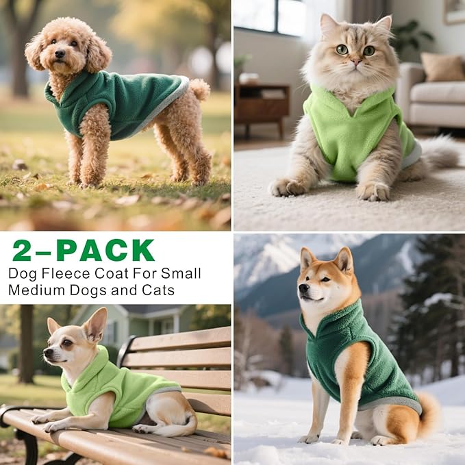 Idepet 2 Pack Dog Fleece Vest Sweater Warm Pullover Jacket with D-Ring Leash Reflective Winter Coat Hoodie for French Bulldog Pug Chihuahuas Yorkies Dachshunds(Dark Green&Grass Green,Medium)