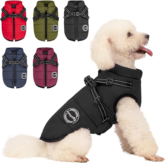 Warm Dog Winter Coat, Fashion Cold Weather Jacket with Built-in Harness, Reflective & Adjustable Comfortable Pet Vest, Windproof Dog Apparel for Small Medium Large Dogs (Black)