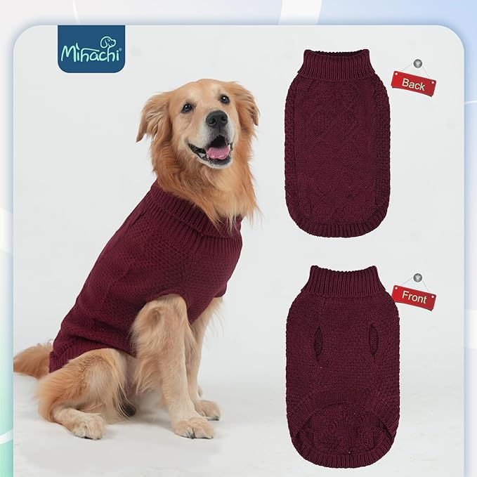 Mihachi Turtleneck Dog Sweater - Winter Coat Apparel Classic Cable Knit Clothes with Leash Hole for Cold Weather, Ideal Gift for Pet in New Year Wine Red L