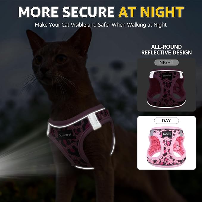 SCENEREAL Cat Harness & Leash Set Escape Proof - Adjustable Air Mesh Vest with Reflective Strips for Kittens, Puppies, Rabbits, Pink Leopard S