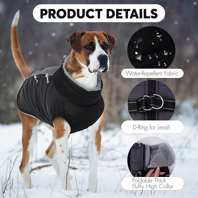 IDOMIK Warm Dog Coat with Harness, Waterproof Reflective Dog Jackets for Small Medium Large Dogs, Fleece High Collar Winter Jacket with Zipper, Pet Winter Snowsuit Clothes for Cold Weather,Black M