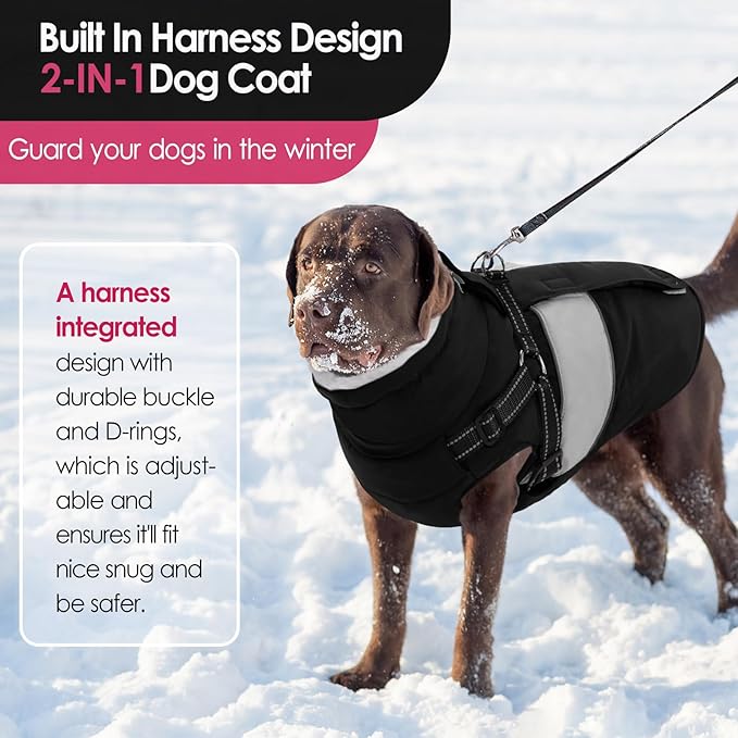 AOFITEE Dog Coat, Waterproof Dog Jacket Winter, Dogs Coat with Harness Built in, Warm Dogs Puffer Jacket with Zipper, Reflective Pet Snowsuit Sweater for Dachshund, French Bulldog, Boston Terrier, M
