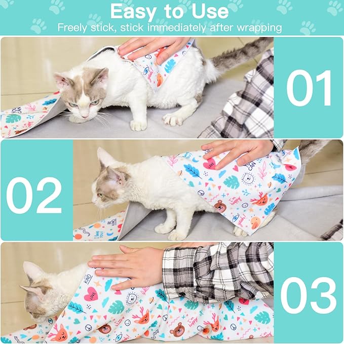 27.6" Cat Grooming Wrap, Cat Wrap for Cutting Nails, Self-Adherent Fabric Wrap for Cats, Cat Burrito Wrap Anti-Scratch, Anti-Escape, Multifunctional Swaddle Wrap Pet Tool (Green Kitten, X Large)