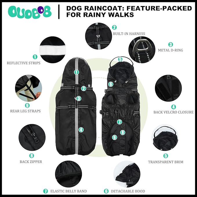 Dog Raincoat For Extra Large Dogs With Hood, Waterproof Dog Rain Jacket with Adjustable Built-in Harness & Back Zipper, Reflective Strip, Removable Hood,for Rainy Walks, Muddy Roads - Black 4XL