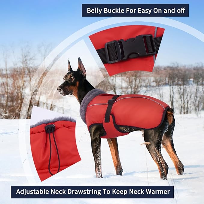 IECOii Extra Warm Reflective Adjustable Dog Jacket - Dog Winter Coat with Buckle Fleece Turtleneck for Cold Weather, Small - Extra Large Dogs