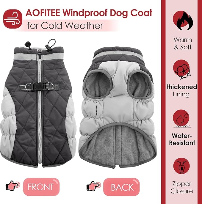 AOFITEE Dog Coat, Warm Dog Jacket, Reflective Winter Coats for Medium Dogs, Turtleneck Dogs Winter Jacket with Harness Built in, Waterproof Windproof Pet Fleece Vest Puffer Jacket, Grey M